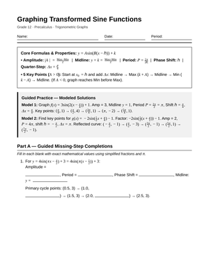 Complete Transformed Sine Worksheet | Grade 12 Precalculus