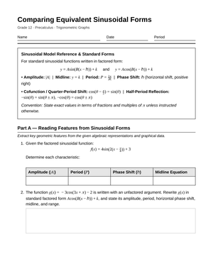 Essential Sinusoidal Forms Worksheet | Grade 12 Precalculus