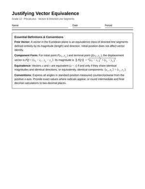 Proven Vector Equivalence Worksheet | Grade 12 Precalculus