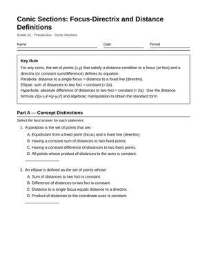 Free Focus-Directrix Worksheet | Grade 12 Precalculus