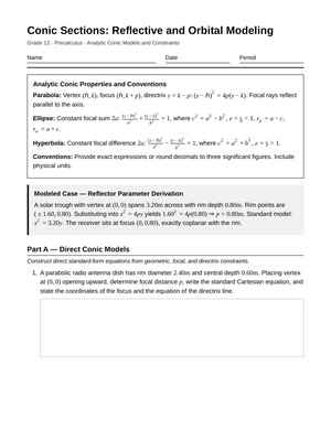 Essential Conic Modeling Worksheet | Grade 12 Precalculus