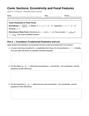 Proven Conic Eccentricity Worksheet | Grade 12 Precalculus