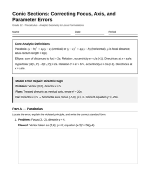 Ready Conic Focus Errors Worksheet | Grade 12 Precalculus