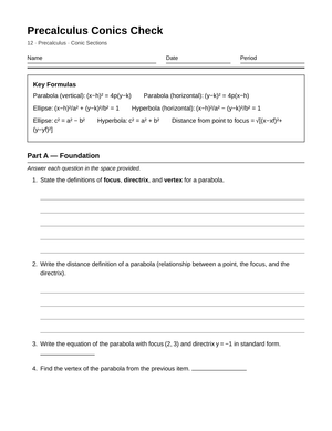 Essential Conic Sections Worksheet | Grade 12 Precalculus