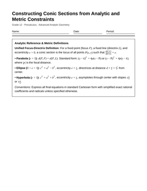 Complete Analytic Conics Worksheet | Grade 12 Precalculus