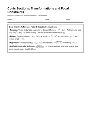 Free Conic Transformations Worksheet | Grade 12 Precalculus
