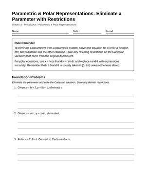 Ready Parameter Elimination Worksheet | Grade 12 Precalculus