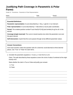 Essential Path Coverage Worksheet | Grade 12 Precalculus