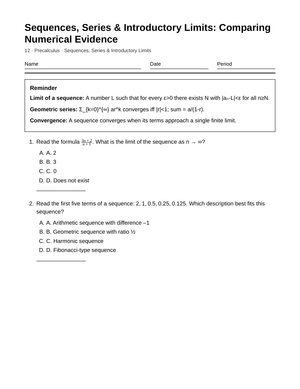 Essential Numerical Limits Worksheet | Grade 12 Precalculus