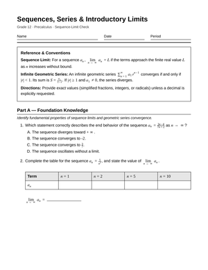 Complete Sequence Limits Worksheet | Grade 12 Precalculus