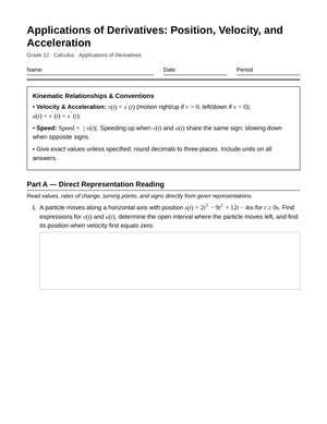 Free Kinematics Worksheet | Grade 12 Calculus