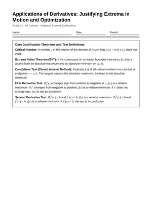 Proven Extrema Justification Worksheet | Grade 12 Calculus