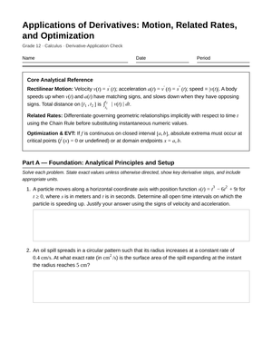 Ready Derivative Applications Worksheet | Grade 12 Calculus