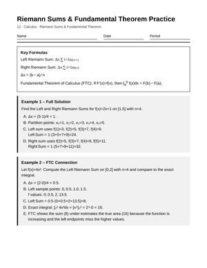Essential Riemann Sums Worksheet | Grade 12 Calculus