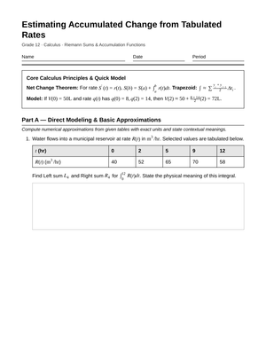 Ready Tabulated Rates Change Worksheet | Grade 12 Calculus