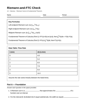 Essential Riemann Sums & FTC Worksheet | Grade 12 Calculus