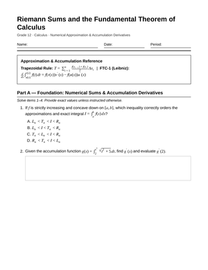 Essential Accumulation & Sums Worksheet | Grade 12 Calculus