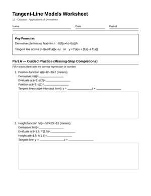 Complete Tangent-Line Models Worksheet | Grade 12 Calculus