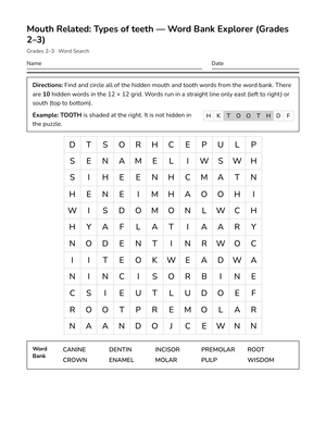 Printable Types of Teeth Word Search | Grades 2–3 Science