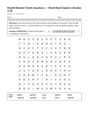 Printable Tooth Structures Word Search | Grades 2–3 Science