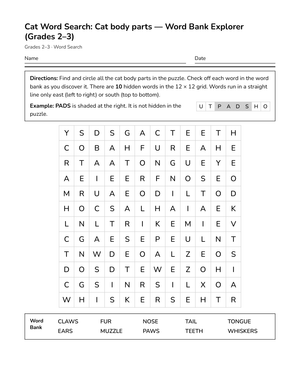 Printable Cat Body Parts Word Search | Grades 2–3 Science