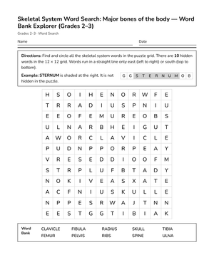 Printable Major Bones Word Search | Grades 2–3 Science