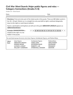 Printable Civil War Word Search | Grades 5–6 Social Studies