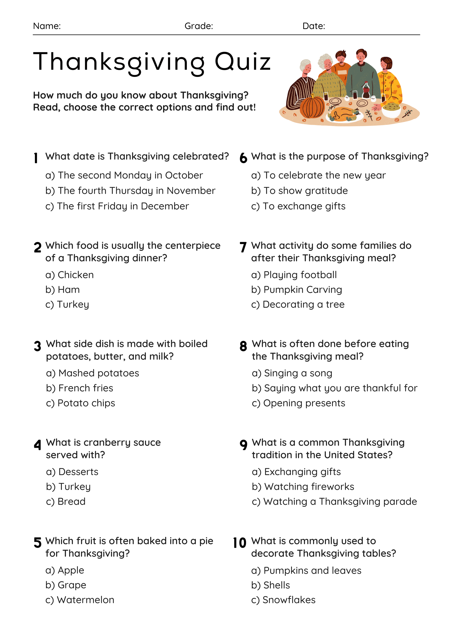 Thanksgiving Quiz for Kids – Fun Classroom Activity
