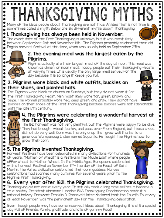 Thanksgiving Myths Reading Comprehension Worksheet
