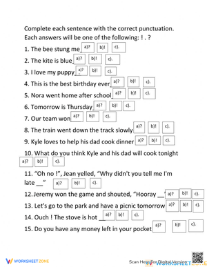 Punctuation Worksheet: Choose the Correct End Mark 