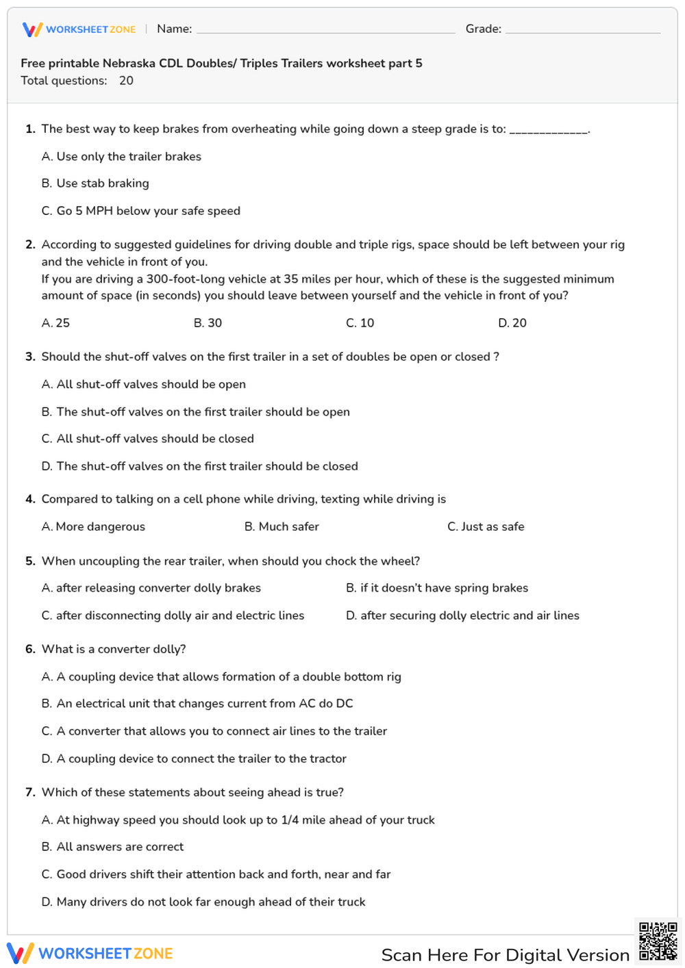 Free printable Nebraska CDL Doubles/ Triples Trailers worksheet part 5