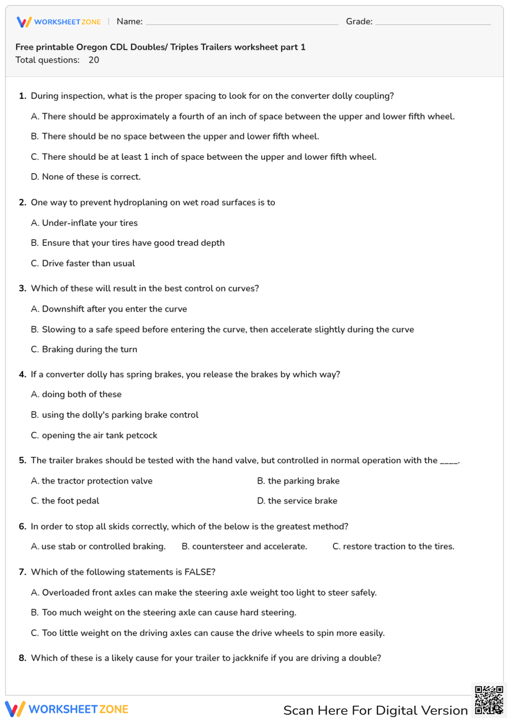 Free printable Oregon CDL Doubles/ Triples Trailers worksheet part 1