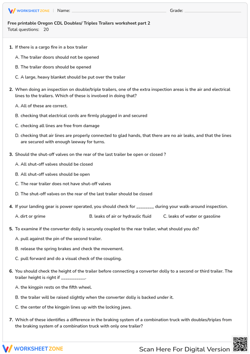 Free printable Oregon CDL Doubles/ Triples Trailers worksheet part 2