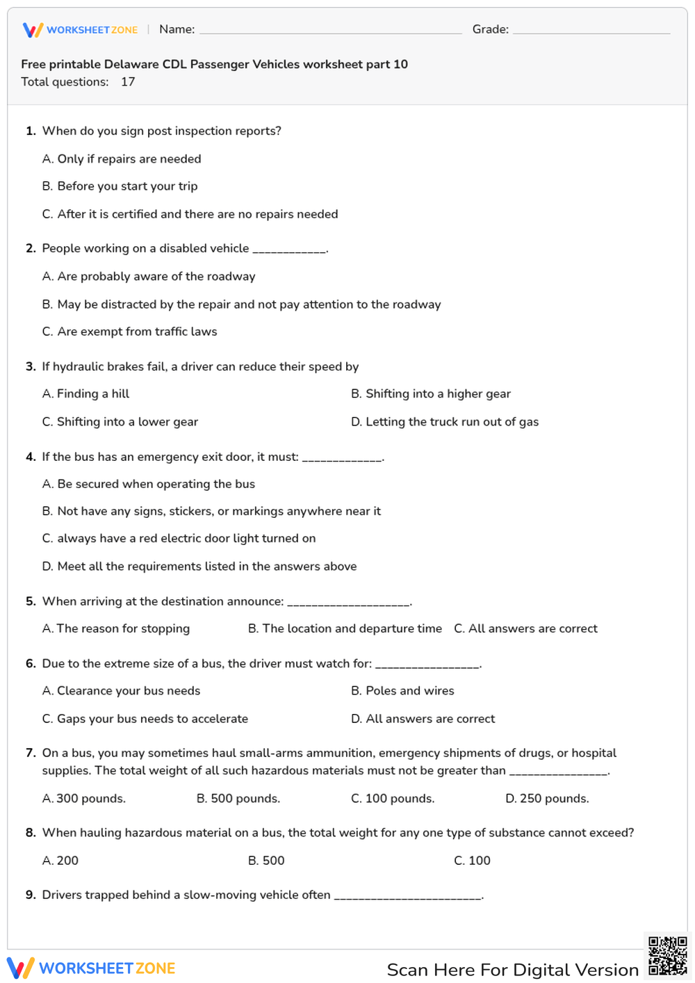 Free printable Delaware CDL Passenger Vehicles worksheet part 10