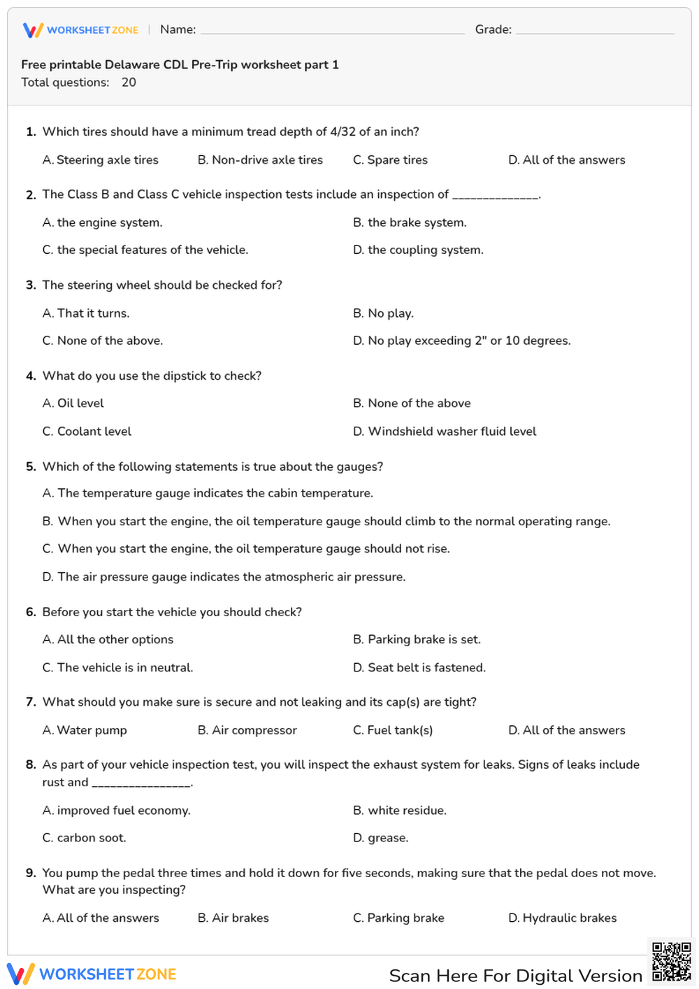 Free printable Delaware CDL Pre-Trip worksheet part 1