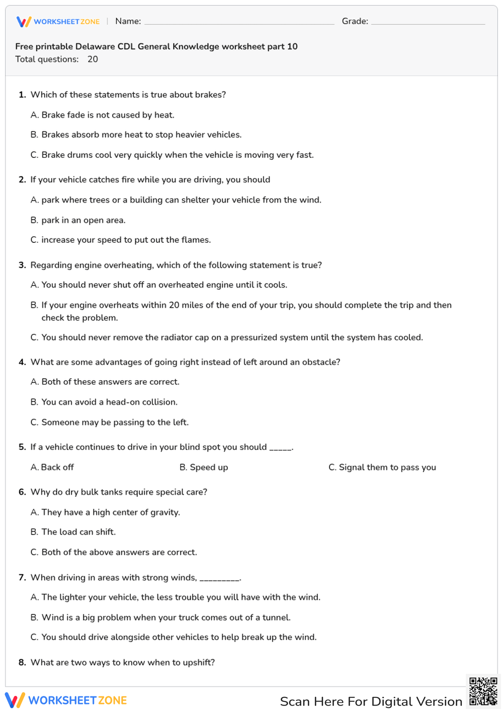 Free printable Delaware CDL General Knowledge worksheet part 10