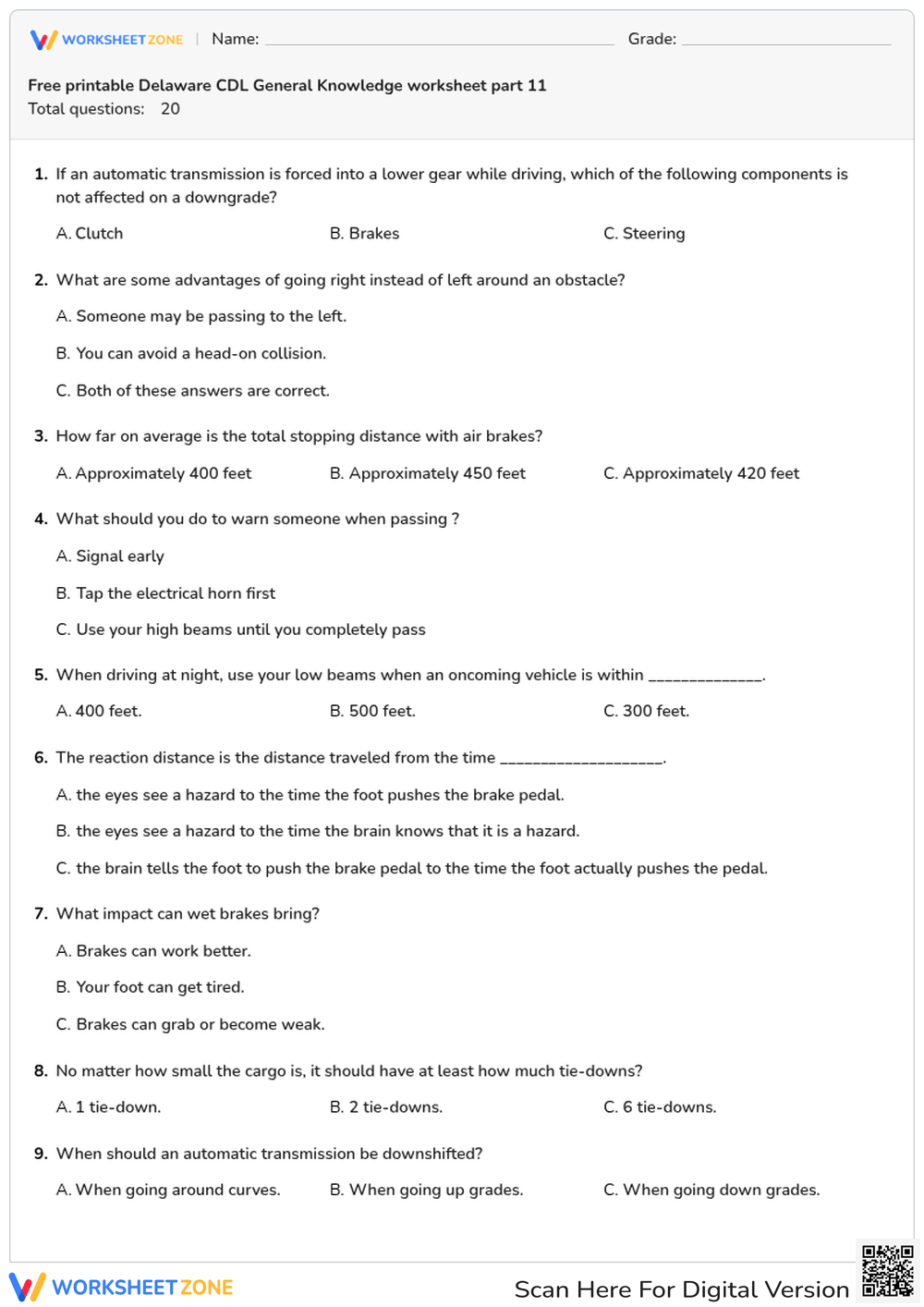 Free printable Delaware CDL General Knowledge worksheet part 11