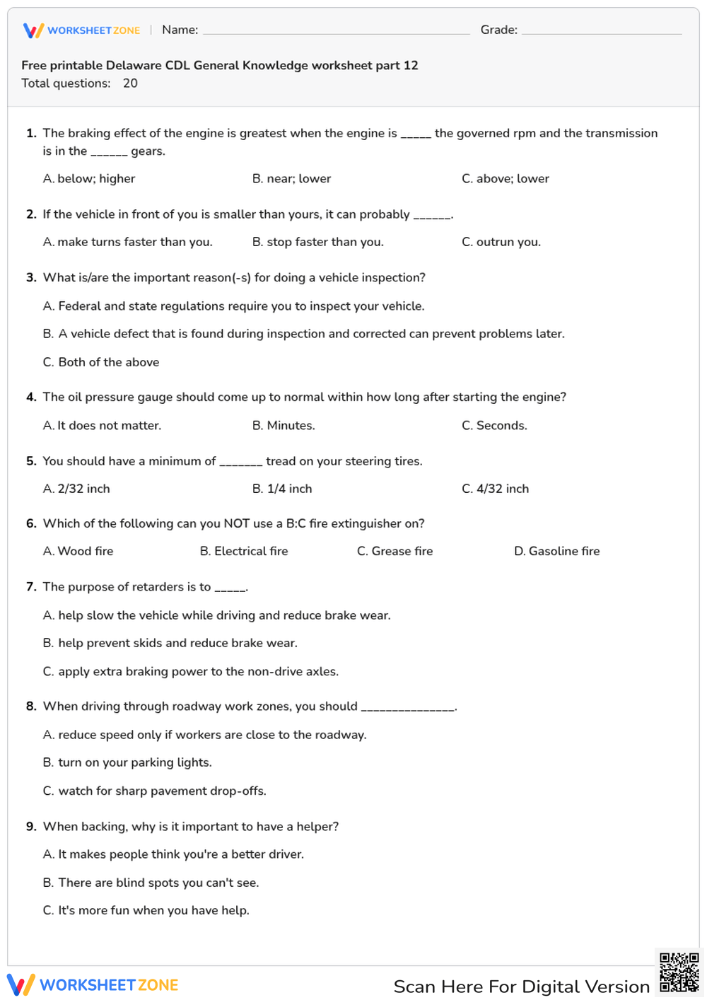 Free printable Delaware CDL General Knowledge worksheet part 12