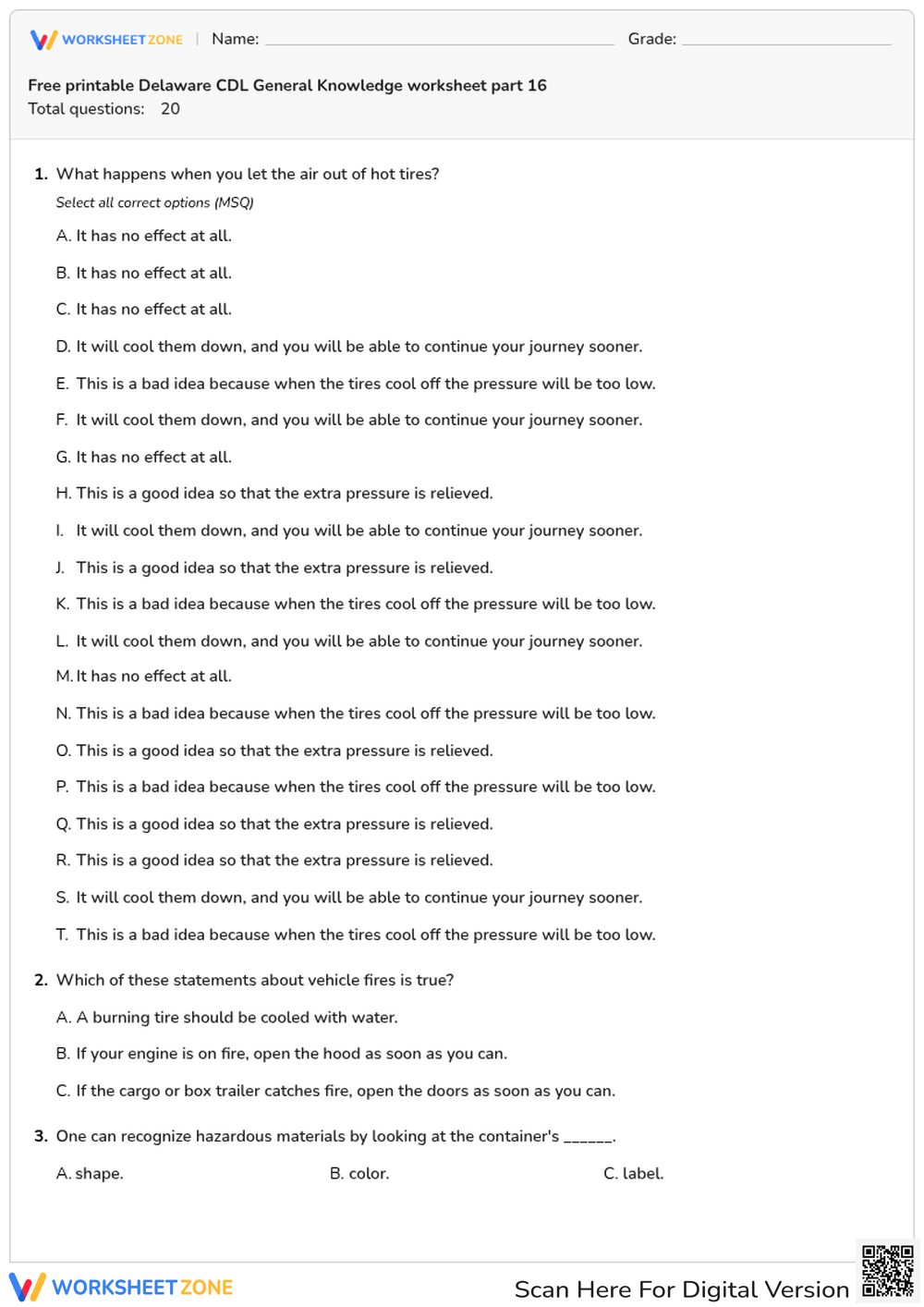 Free printable Delaware CDL General Knowledge worksheet part 16