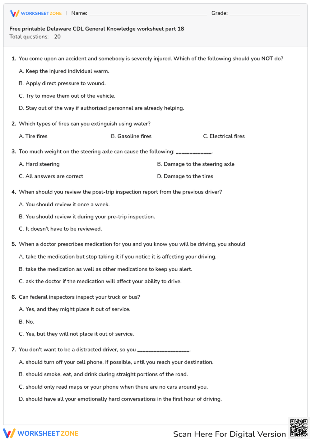 Free printable Delaware CDL General Knowledge worksheet part 18
