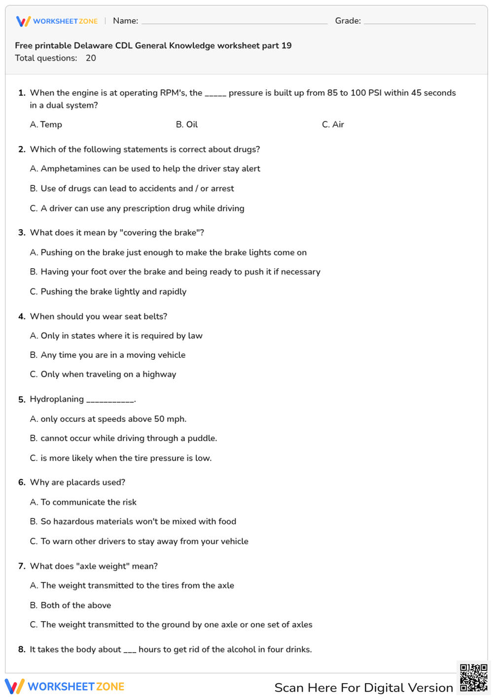 Free printable Delaware CDL General Knowledge worksheet part 19