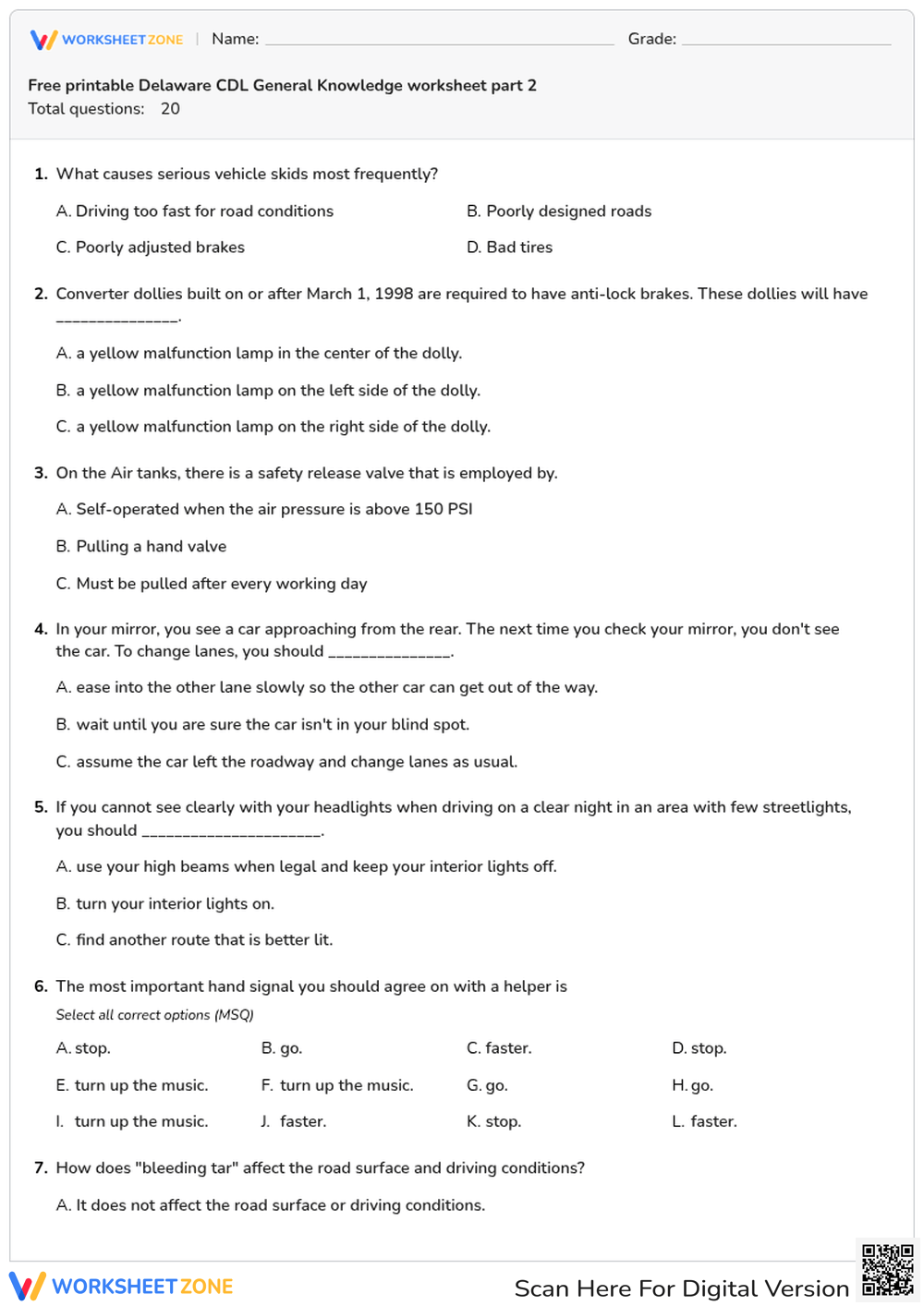 Free printable Delaware CDL General Knowledge worksheet part 2
