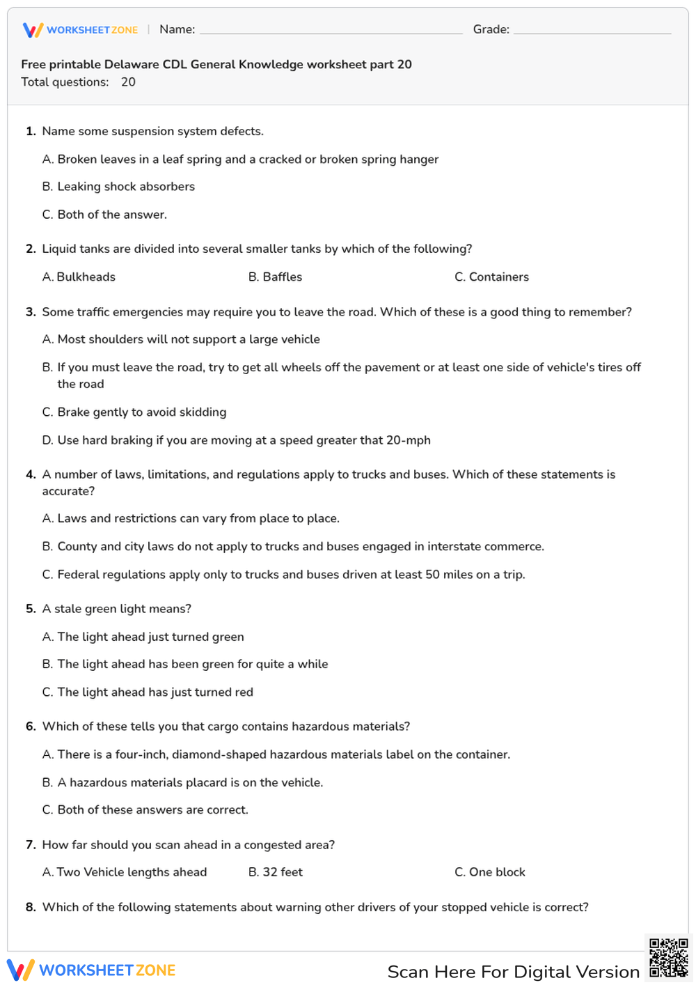 Free printable Delaware CDL General Knowledge worksheet part 20