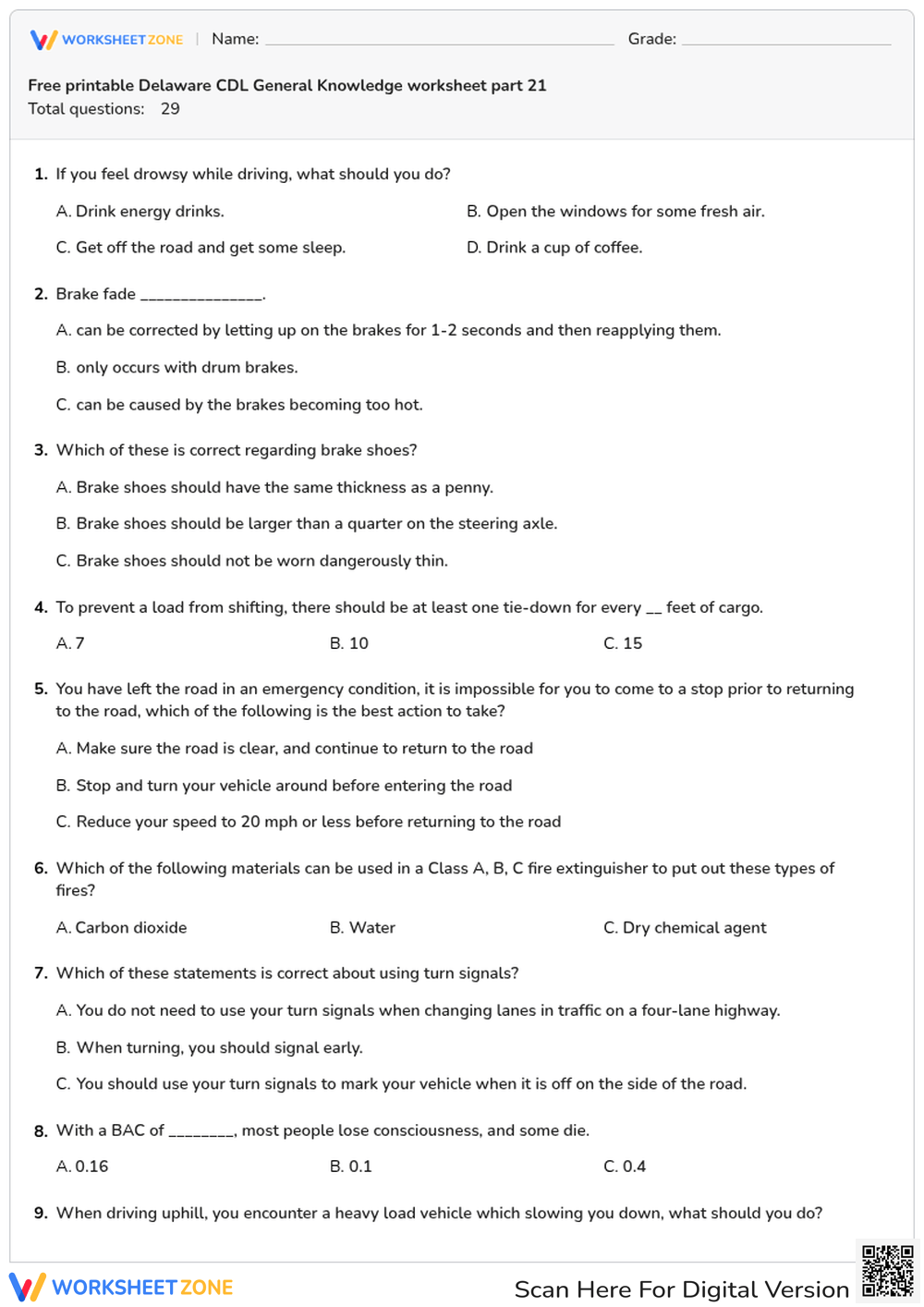 Free printable Delaware CDL General Knowledge worksheet part 21