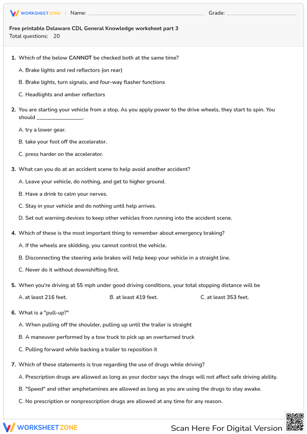 Free printable Delaware CDL General Knowledge worksheet part 3