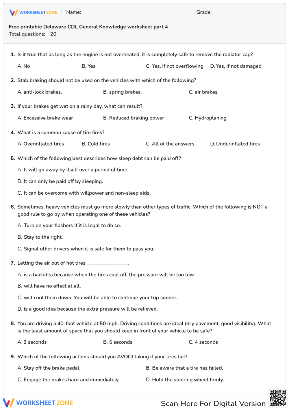 Free printable Delaware CDL General Knowledge worksheet part 4
