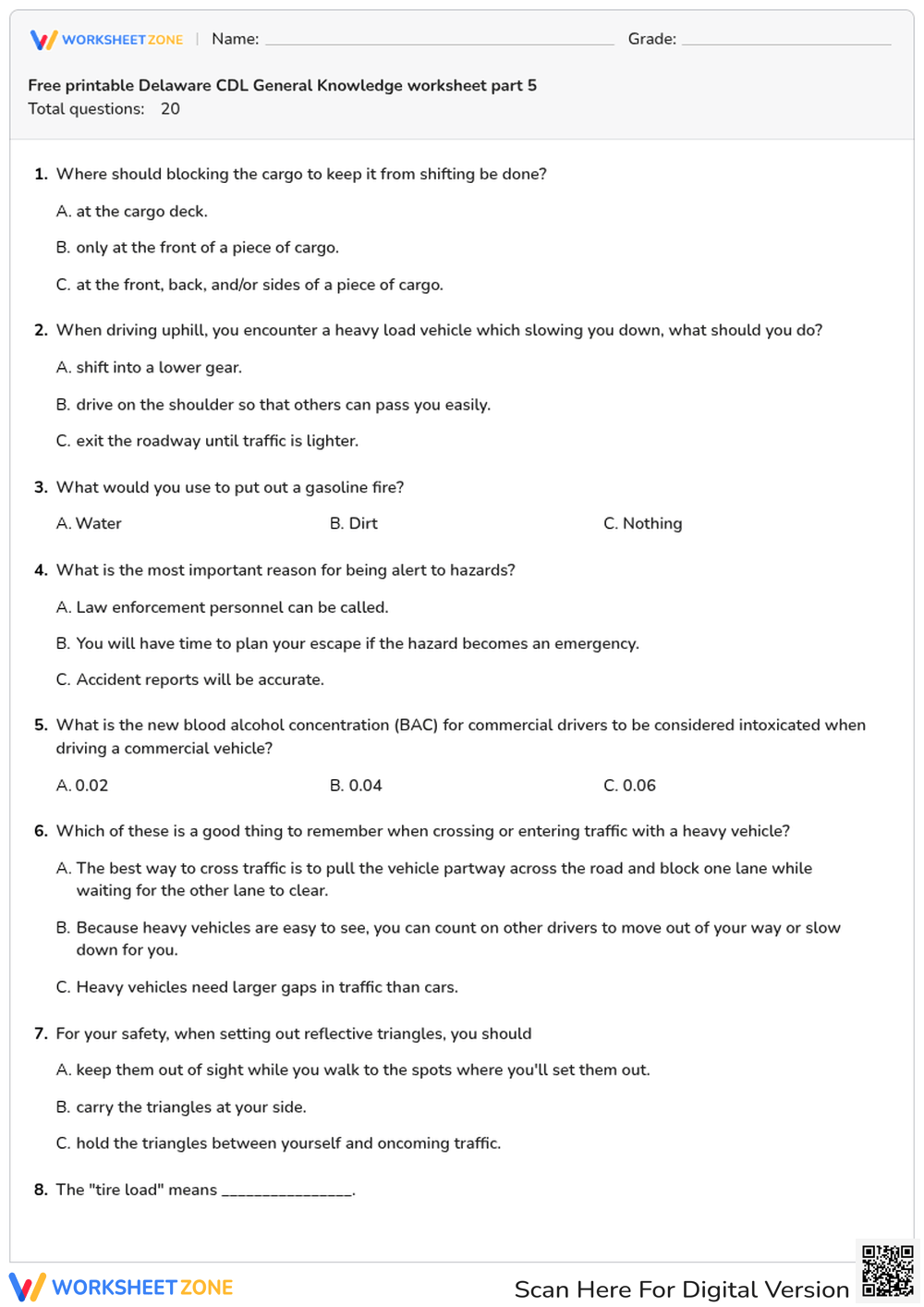 Free printable Delaware CDL General Knowledge worksheet part 5