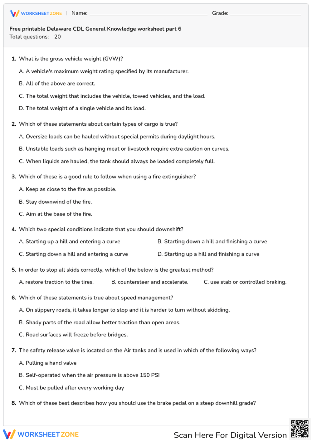 Free printable Delaware CDL General Knowledge worksheet part 6