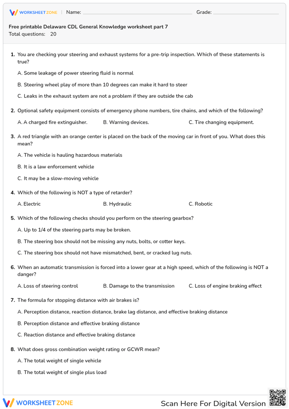 Free printable Delaware CDL General Knowledge worksheet part 7