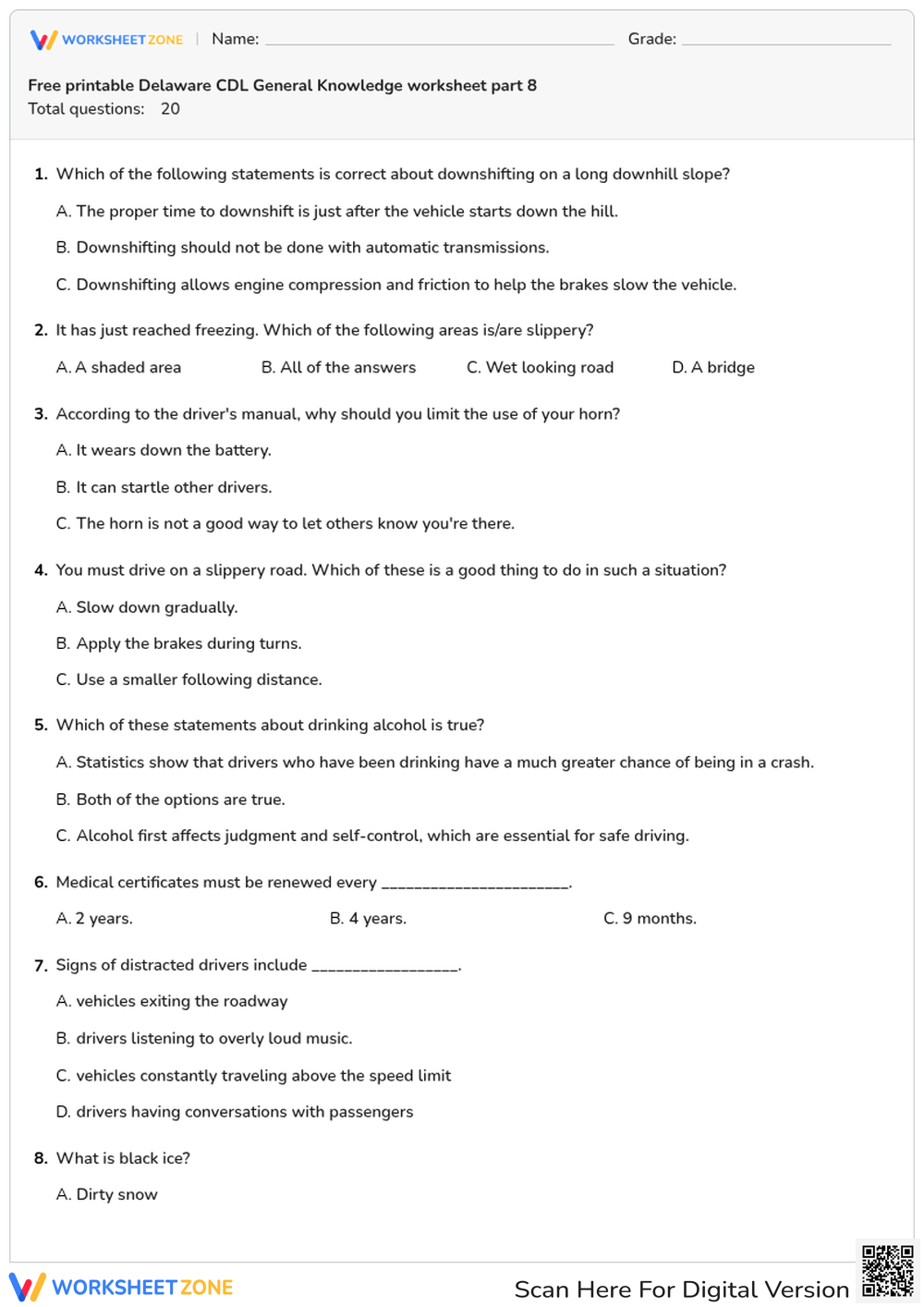 Free printable Delaware CDL General Knowledge worksheet part 8